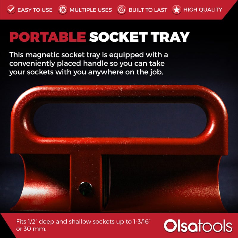 Olsa Tools Magnetic Portable Socket Organizer Tray - 1/2-Inch Drive - Red Holder for Deep & Shallow Sockets - Fits up to 1-3/16" SAE or 30mm Metric - Quality Product for Professionals - Part 1077 - Image 2
